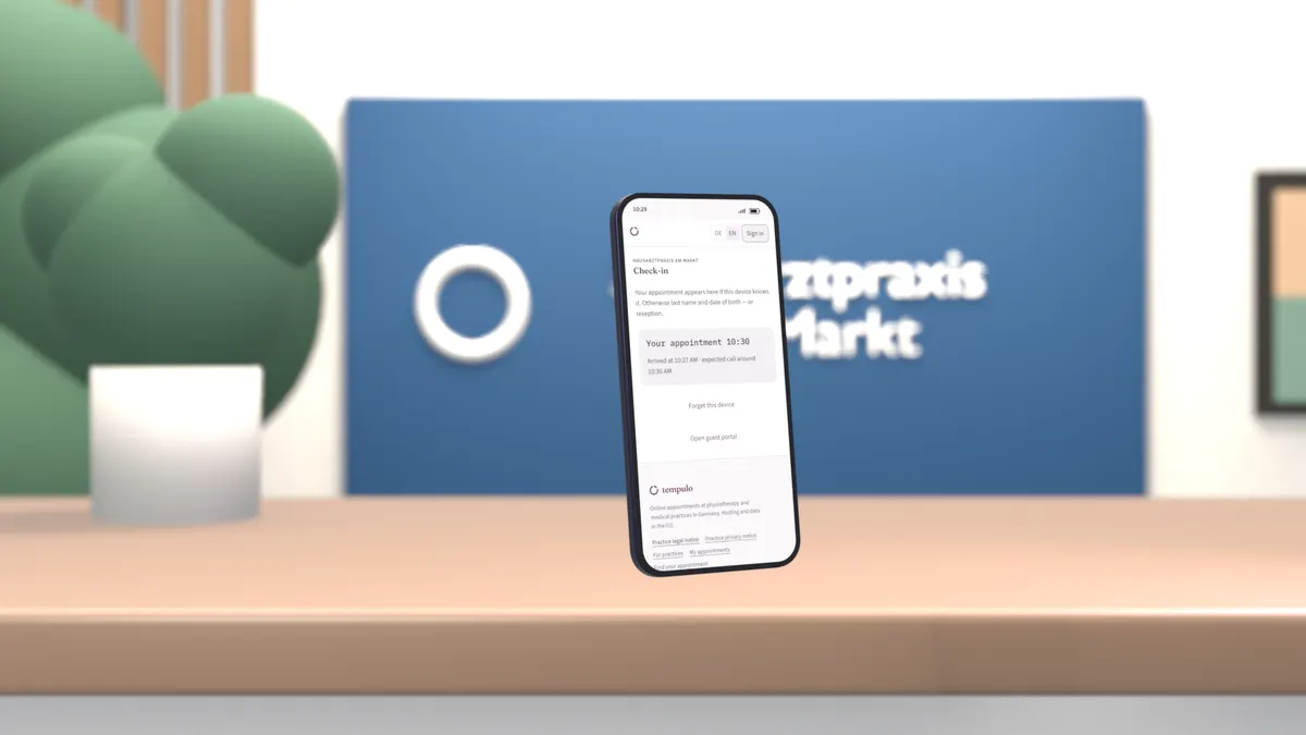 Phone above the reception desk of Hausarztpraxis am Markt: check-in is confirmed, arrived at 10:27.